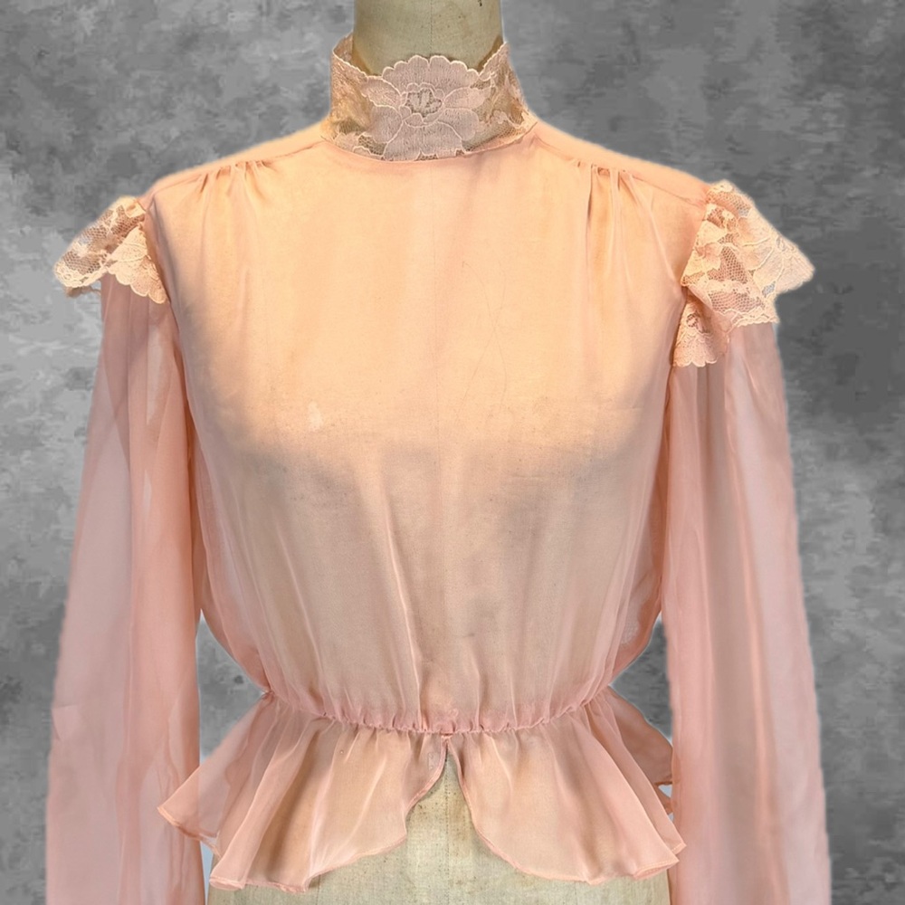 VINTAGE peach chiffon sheer bodice blouse ruffle peplum waist lace high neck 70s